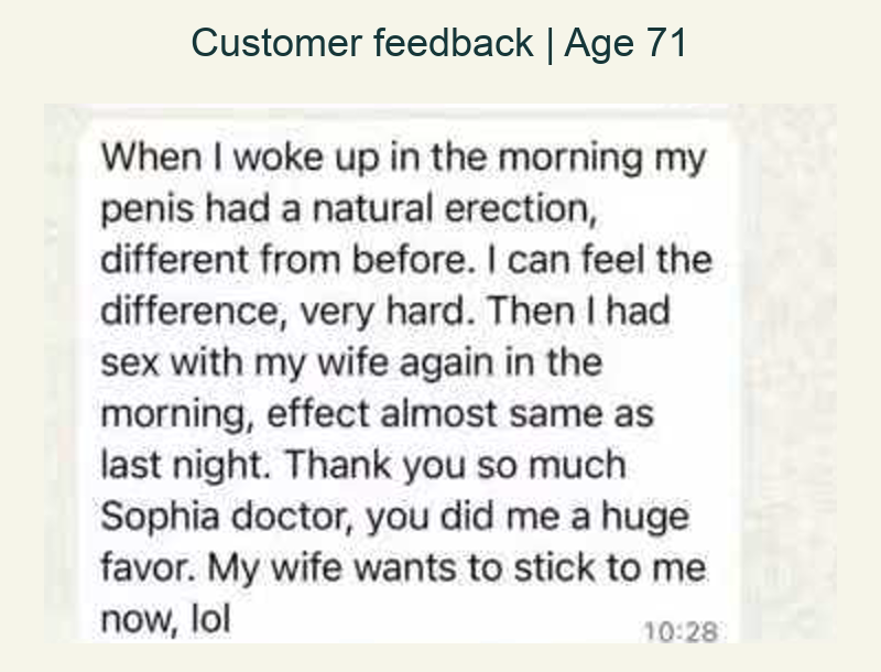 Anonymized WhatsApp feedback from a 71-year-old customer describing a natural morning erection