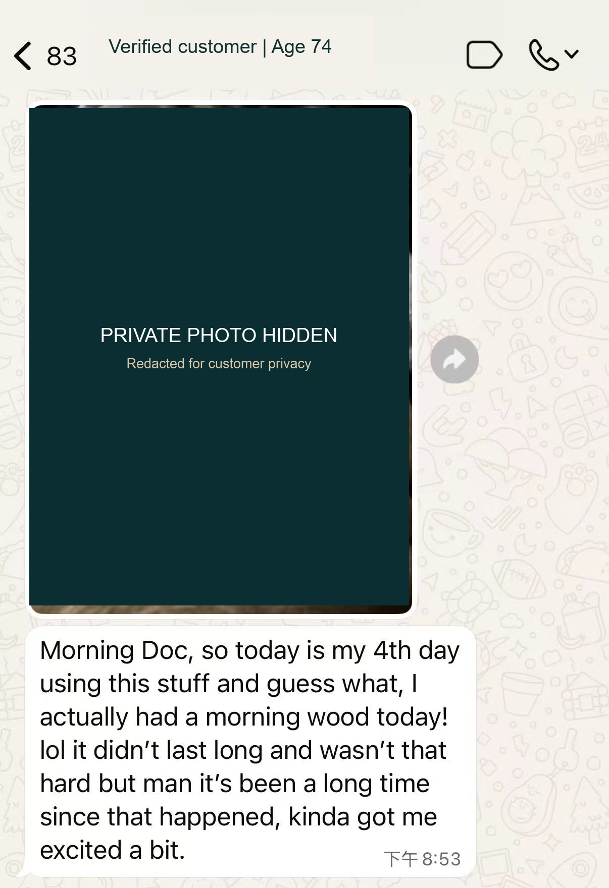 Anonymized WhatsApp excerpt from a 74-year-old customer reporting a morning erection on day four