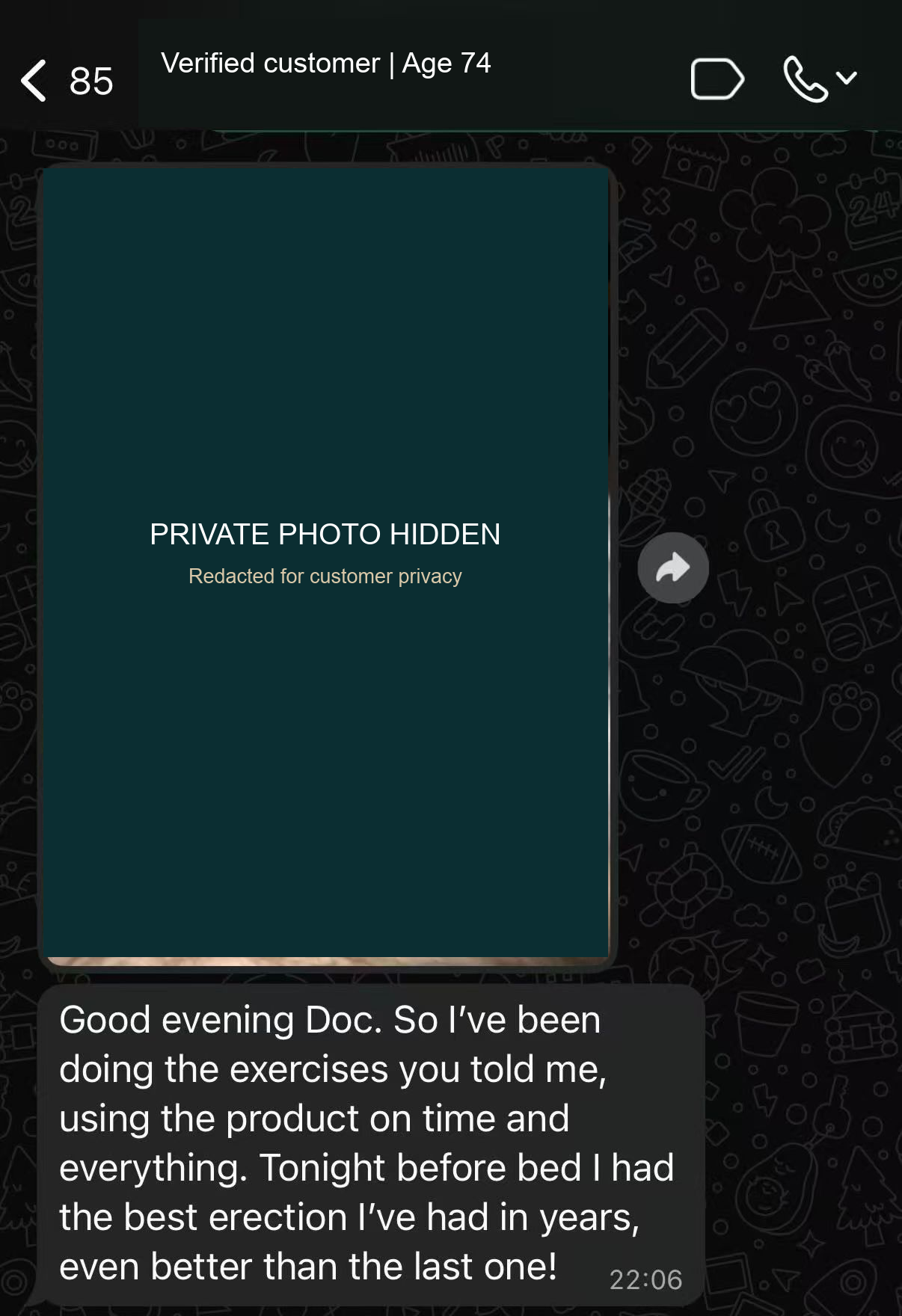 Anonymized later WhatsApp excerpt from the same 74-year-old customer reporting a stronger response