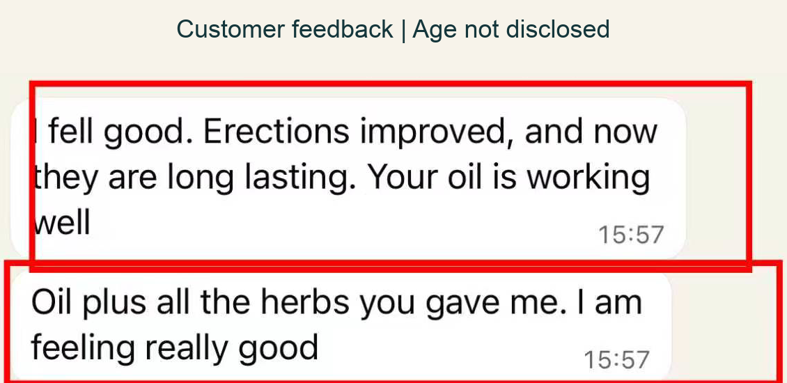 Anonymized WhatsApp feedback describing improved erections during a combined topical and herbal routine